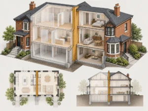 Conceptual adjoining homes with a shared wall highlighted and corresponding plan and section views.