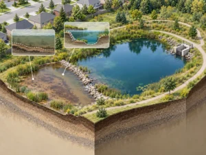 Conceptual stormwater pond showing sediment, forebay and maintenance access for retrofit versus maintenance review