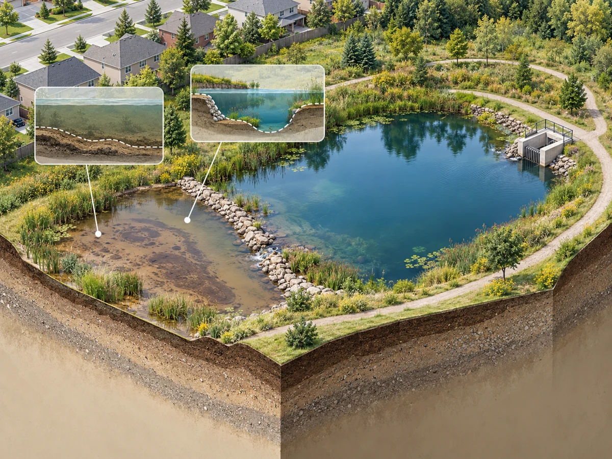 Conceptual stormwater pond retrofit and maintenance evidence showing sediment, forebay and access
