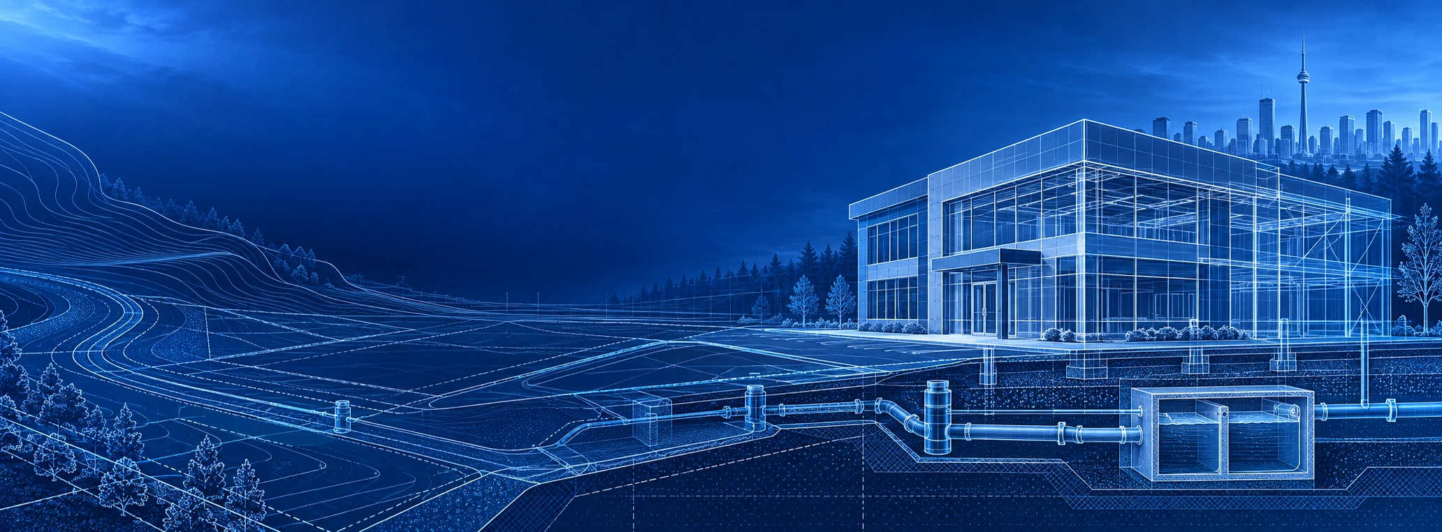 Conceptual blueprint illustration of building design, grading contours and underground services