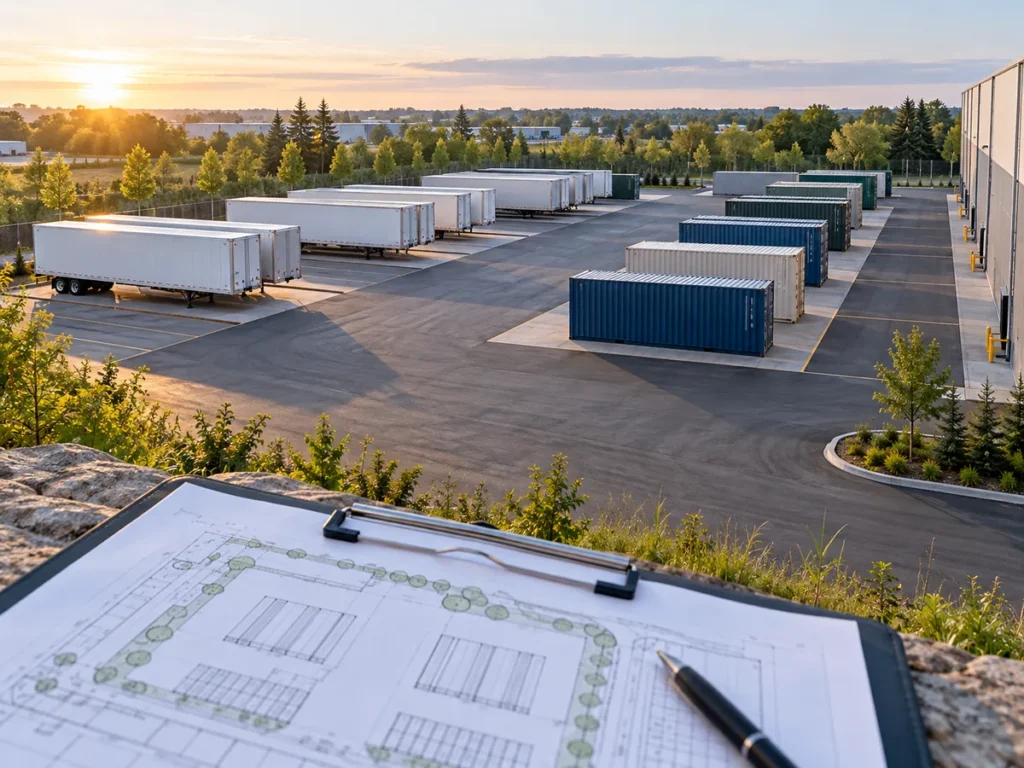 Conceptual outdoor storage site plan review overlooking a storage yard