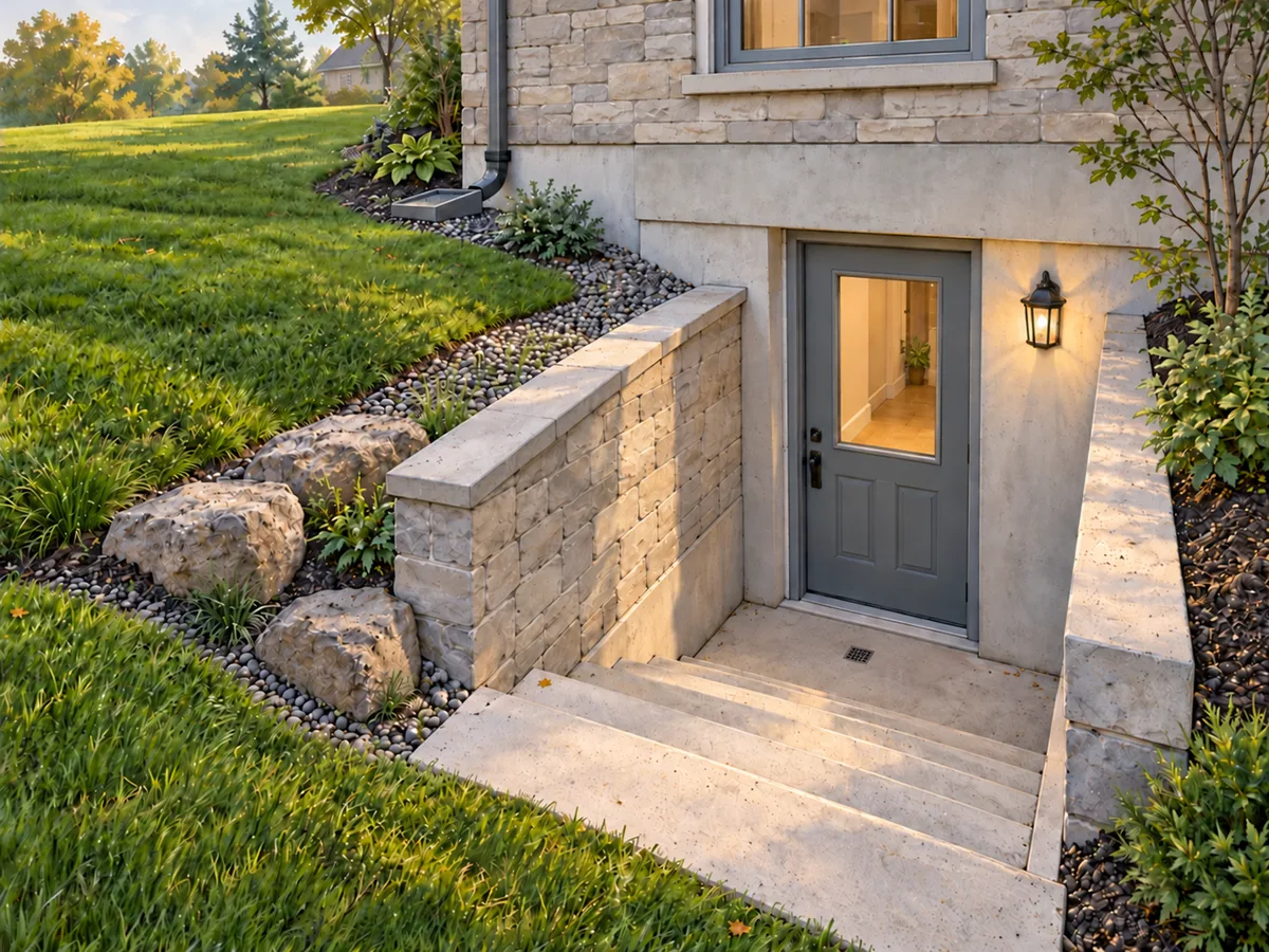 Conceptual walkout basement drainage setting with entrance and surrounding grades