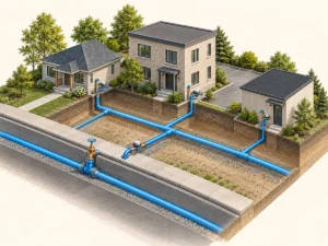 Conceptual private watermain and individual building water service branches beneath a multi-building property