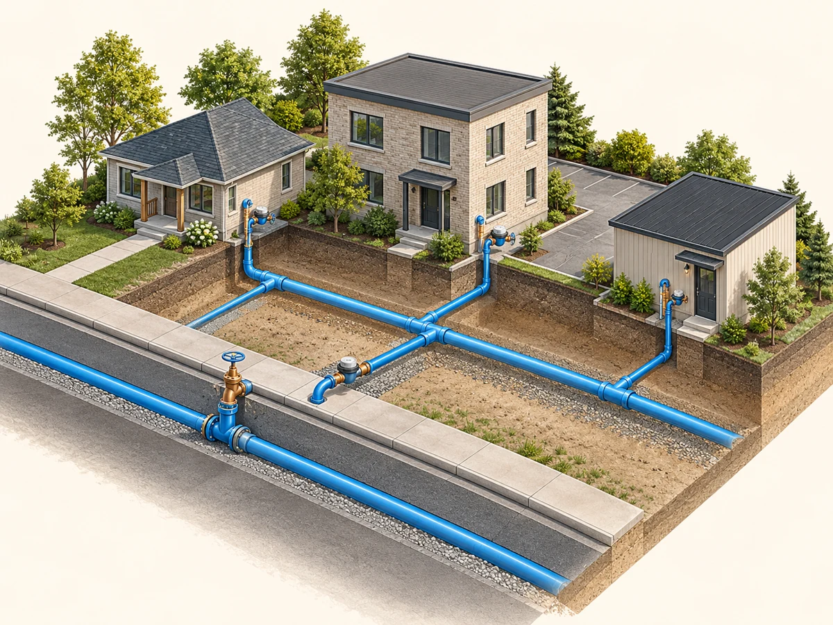 Conceptual private watermain and water service connections beneath a multi-building property