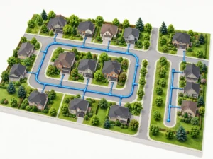 Conceptual watermain layout comparing a connected loop and separate dead-end branch