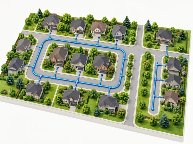 Conceptual watermain layout comparing a connected loop and separate dead-end branch