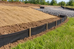 Conceptual erosion controls with a stabilized soil surface, downslope silt fence and stone entrance.