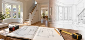 Illustration of existing-condition drawings beside measuring tools in a Toronto-style house interior