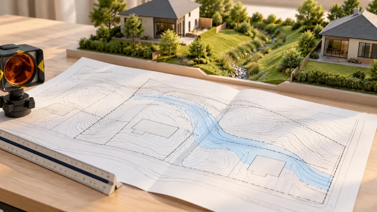 Conceptual grading plan with a highlighted drainage corridor and a model of a grass swale between homes.