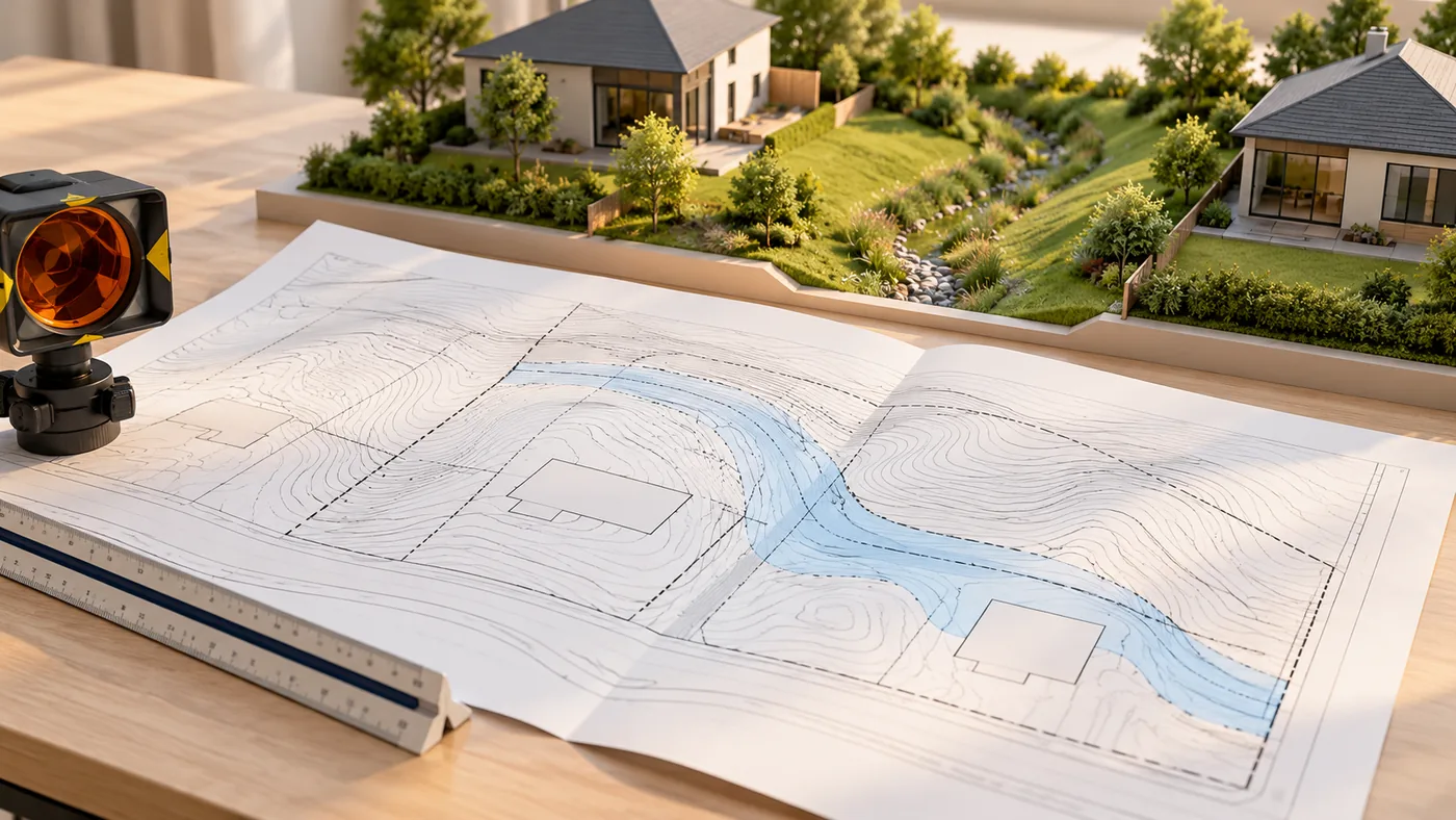 Conceptual grading plan with a highlighted drainage corridor and a model of a grass swale between homes.