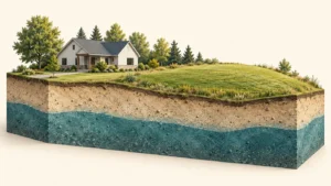 Conceptual high water table septic design site with a rural home, raised ground and generalized groundwater layers.