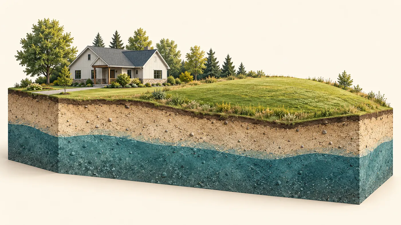 Conceptual high water table septic design site with a rural home, raised ground and generalized groundwater layers.