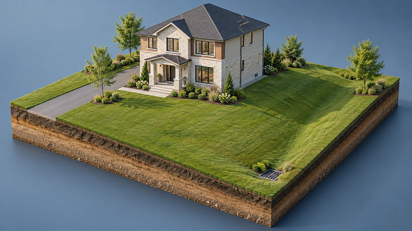Conceptual King City lot grading and drainage design, with ground sloping away from a raised house toward a grassed swale and catch basin.