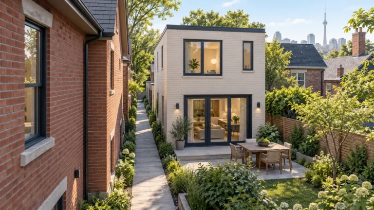 Conceptual Toronto laneway suite with a pedestrian corridor beside an existing brick house.