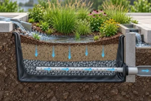 Conceptual lined bioretention section with filter media, a gravel underdrain and separate surface overflow.