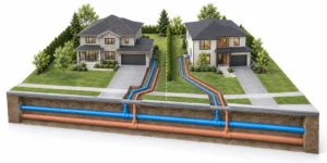 Conceptual lot severance servicing plan showing separate water and sanitary connections for two residential lots