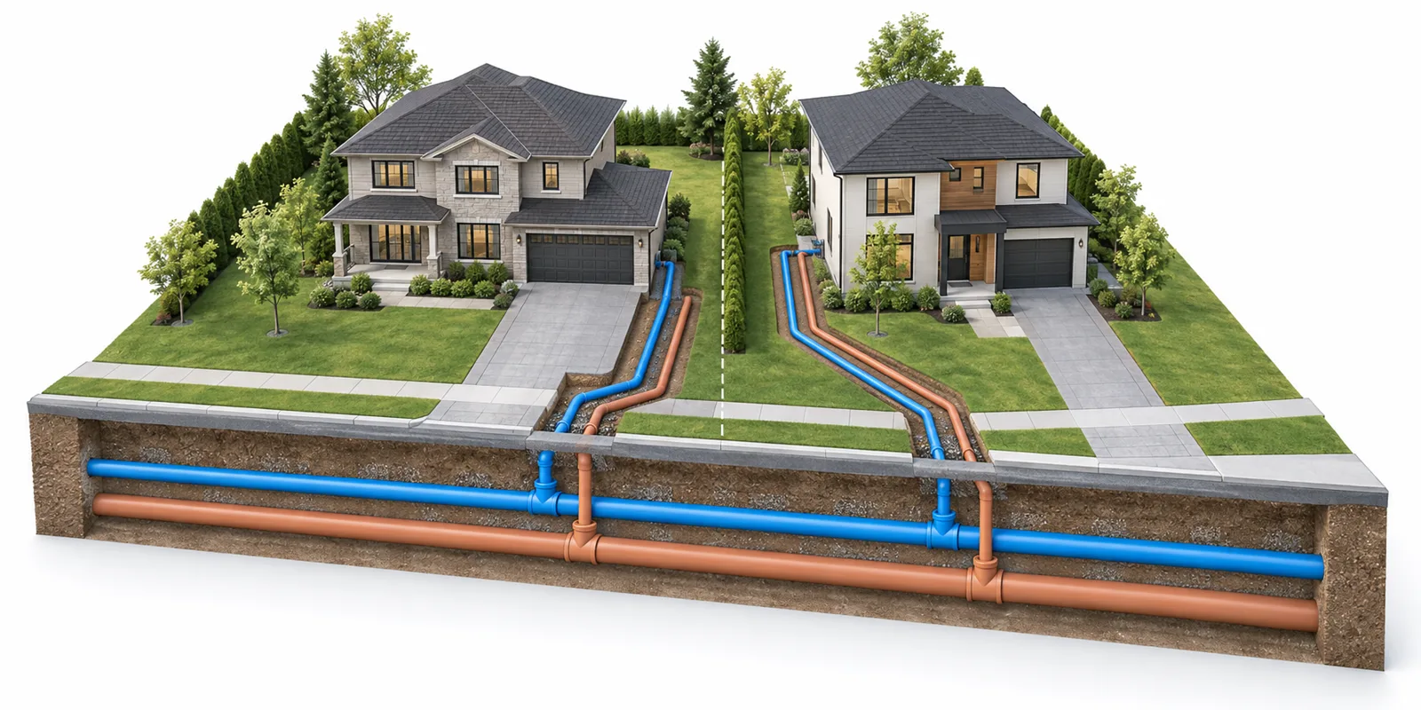 Conceptual lot severance servicing plan showing separate water and sanitary connections for two residential lots