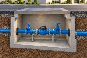 Conceptual dry water meter chamber with an inline meter, isolation valves and a flush surface access hatch.