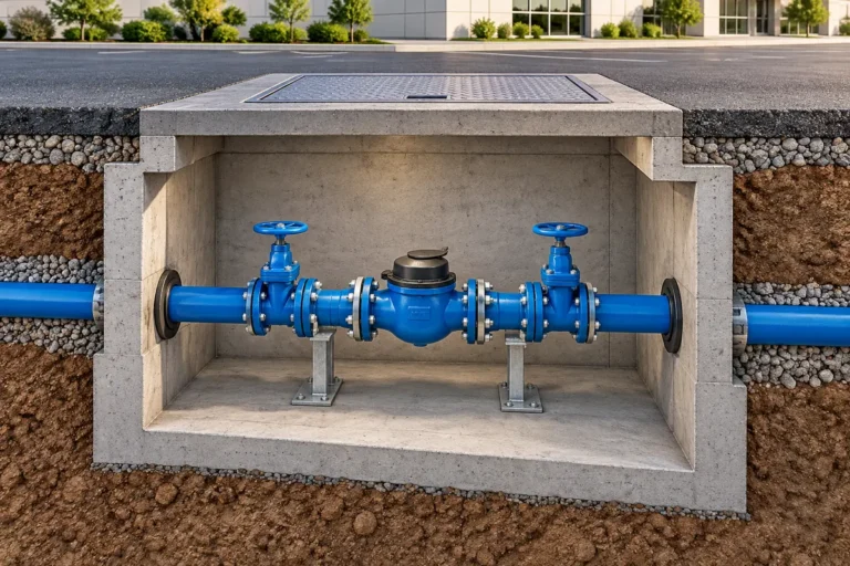 Conceptual dry water meter chamber with an inline meter, isolation valves and a flush surface access hatch.