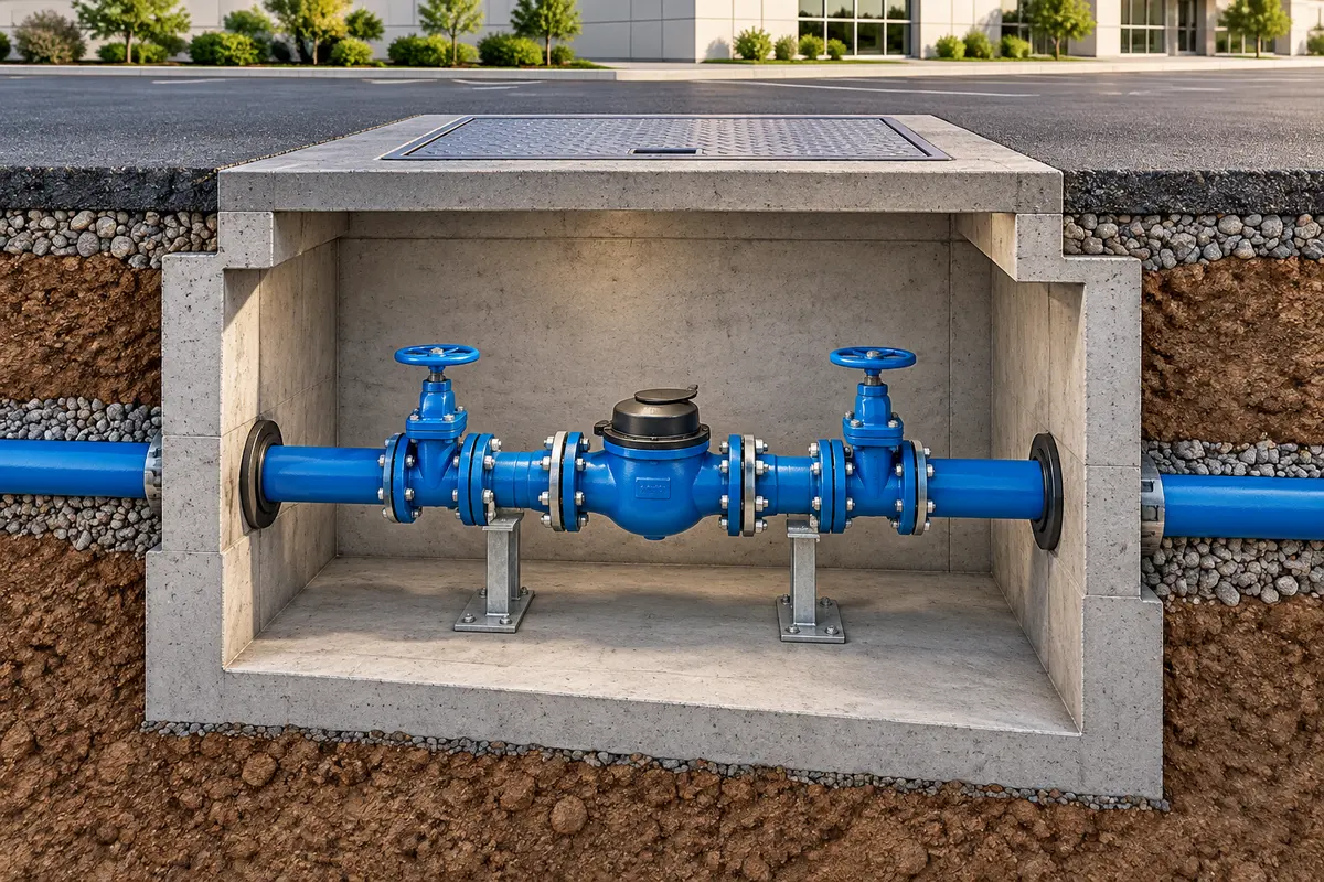 Conceptual dry water meter chamber with an inline meter, isolation valves and a flush surface access hatch.