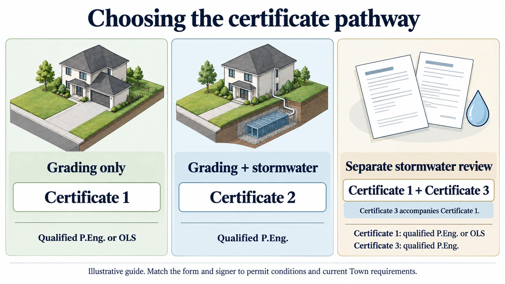 Comparison of Certificate 1 for grading, Certificate 2 for grading and stormwater, and Certificate 1 with Certificate 3 for separate stormwater review.