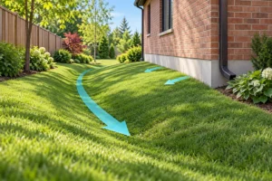Conceptual side-yard grading directs surface runoff away from a foundation into a grass swale.