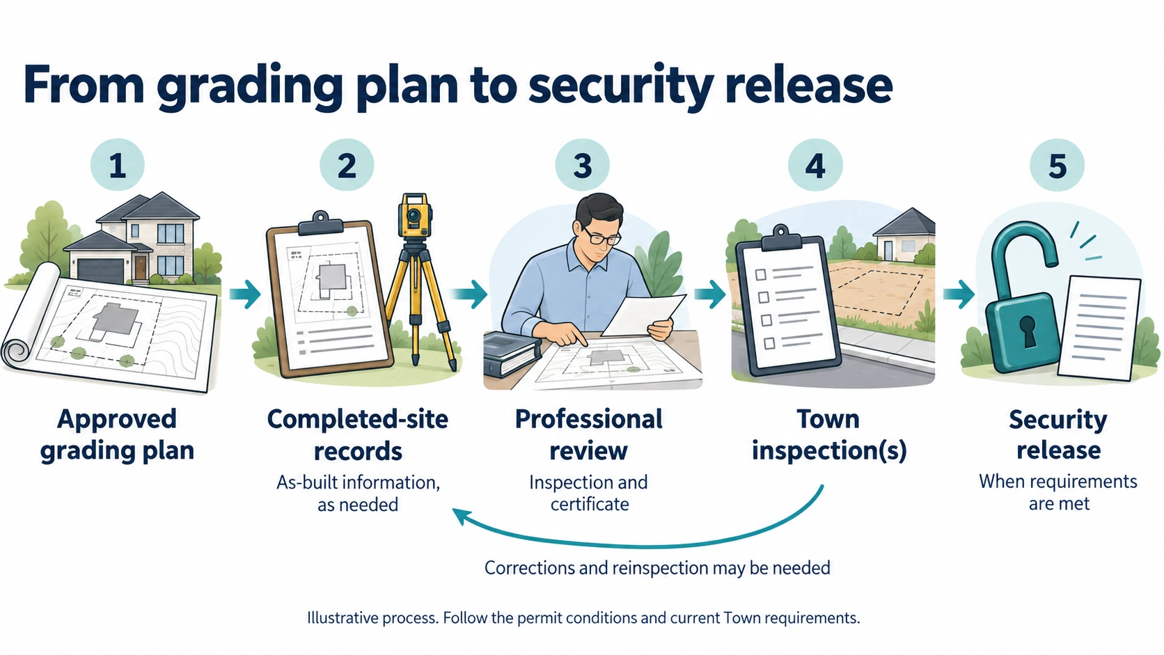 Five-stage grading closeout process from approved plan through professional review and Town inspections to conditional security release.