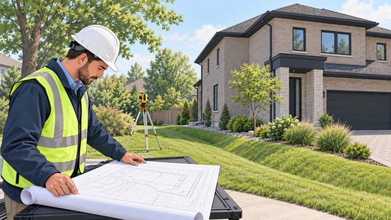 Illustration of an engineer reviewing a grading plan beside a detached house and grass swale.