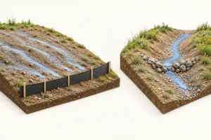 Conceptual rock check dam and silt fence flow settings