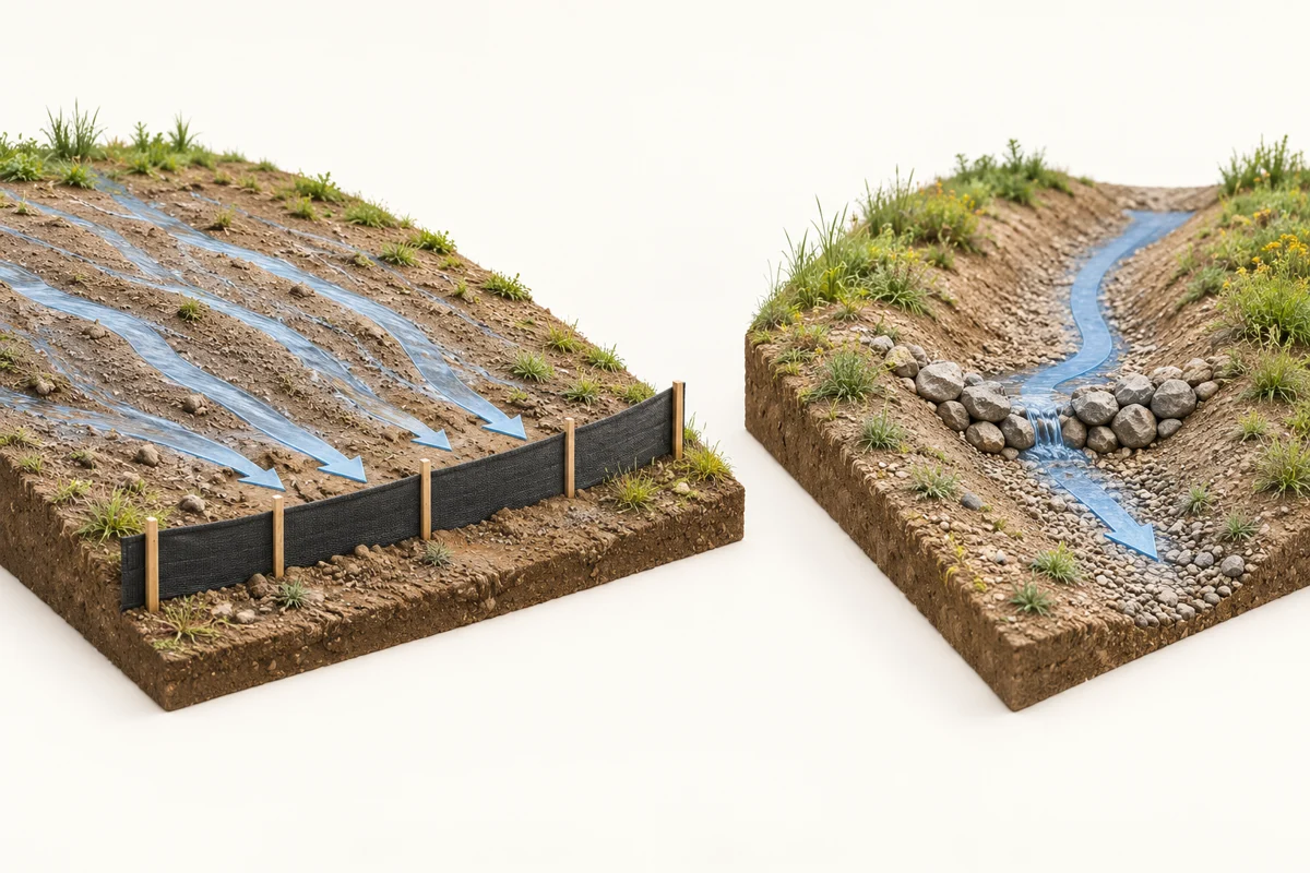 Conceptual rock check dam and silt fence flow settings: construction swale and sheet-flow surface.