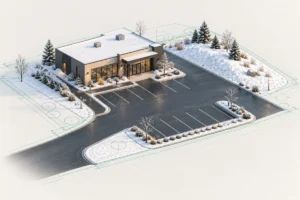 Conceptual snow storage site plan with a separate receiving area and clear pedestrian route