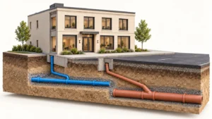Conceptual cutaway for a Peel servicing permit showing separate blue water and terracotta sanitary sewer connections beneath a commercial site.