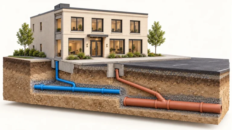 Conceptual cutaway for a Peel servicing permit showing separate blue water and terracotta sanitary sewer connections beneath a commercial site.