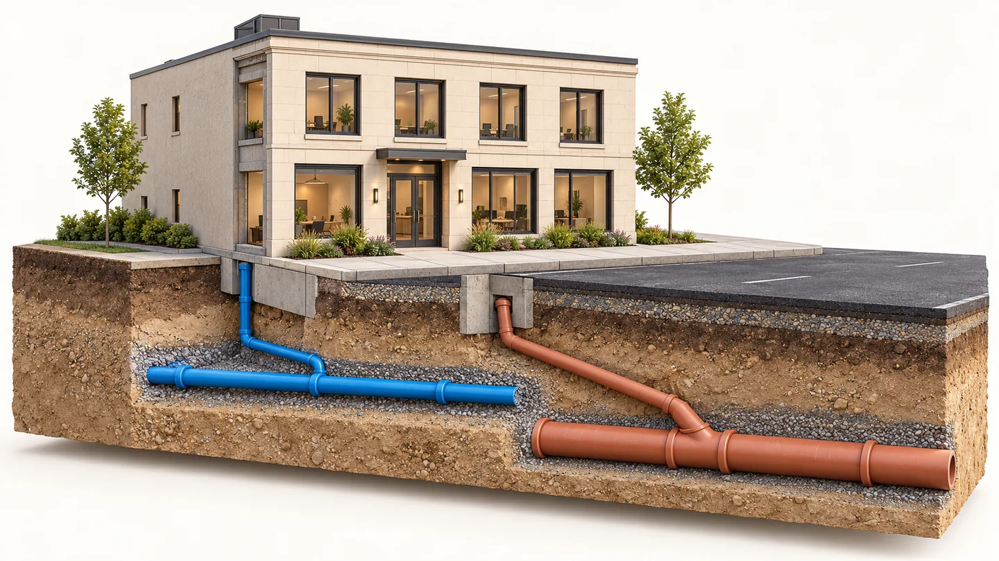 Conceptual cutaway for a Peel servicing permit showing separate blue water and terracotta sanitary sewer connections beneath a commercial site.