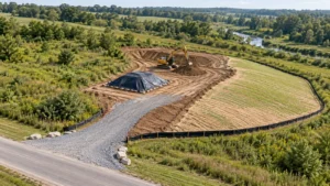 Conceptual phased construction site with a limited active work area, covered stockpile, stabilized slope, silt fencing and stone access.