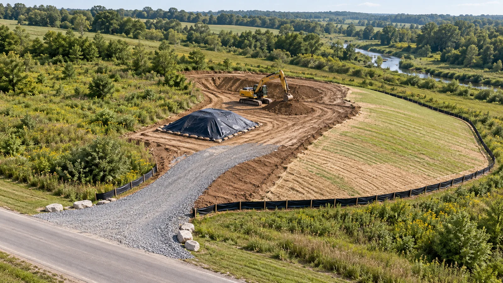 Conceptual phased construction site with a limited active work area, covered stockpile, stabilized slope, silt fencing and stone access.