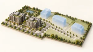 Phased development model for interim servicing planning, with completed buildings, translucent future building volumes and a landscaped stormwater basin.