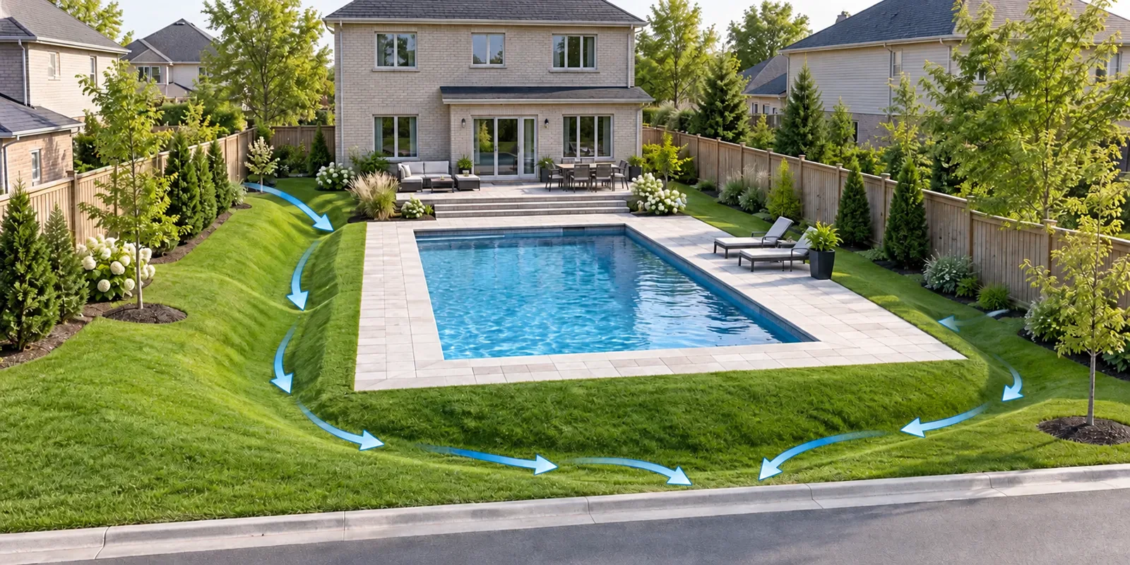 Conceptual pool grading plan showing grass drainage routes around a backyard pool