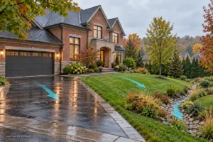 Illustrative Ontario home with arrows showing surface runoff moving away from the house across a driveway, lawn and planted swale.