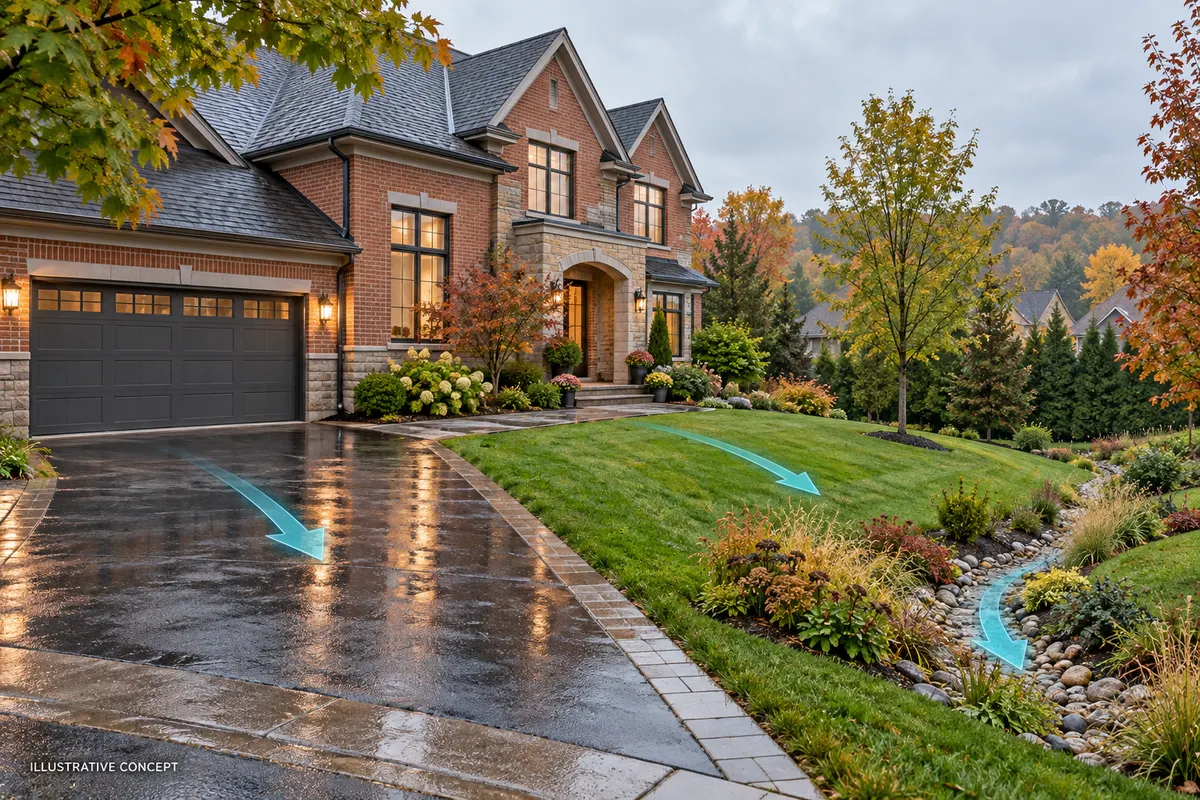 Illustrative Ontario home with arrows showing surface runoff moving away from the house across a driveway, lawn and planted swale.