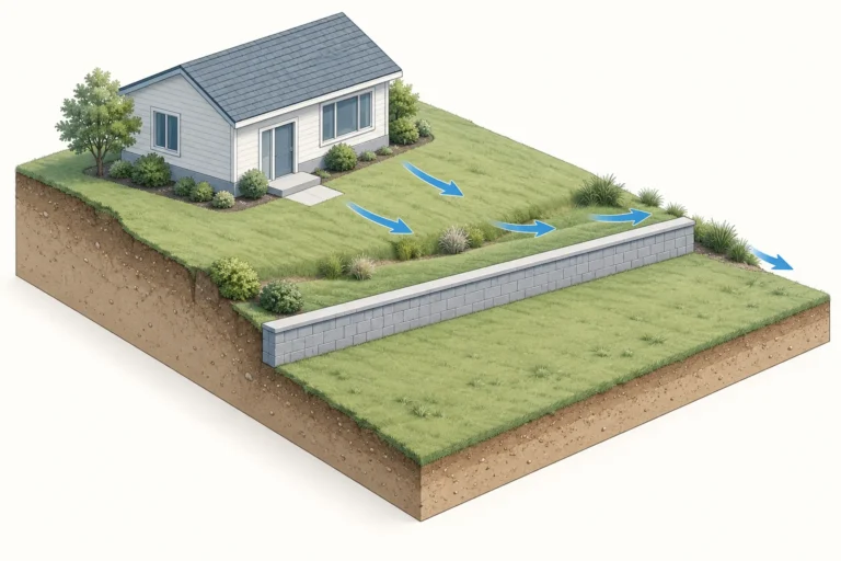 Conceptual illustration of a low retaining wall, higher and lower ground, and surface drainage directed away from a house.