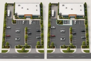 Two conceptual commercial site layouts comparing parking, a landscaped island and an accessible pedestrian route.