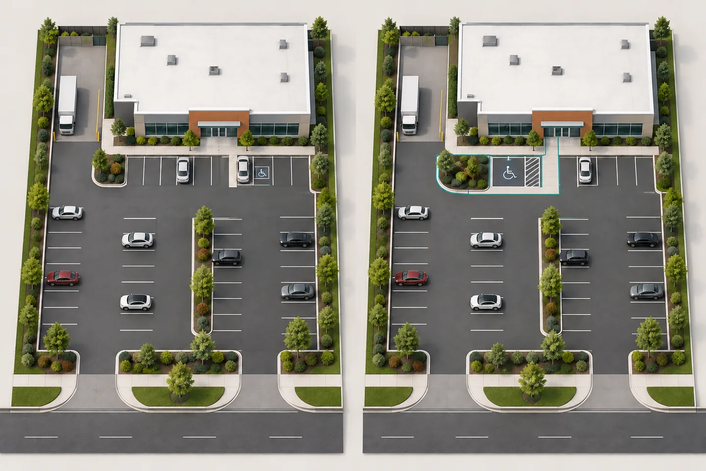 Two conceptual commercial site layouts comparing parking, a landscaped island and an accessible pedestrian route.