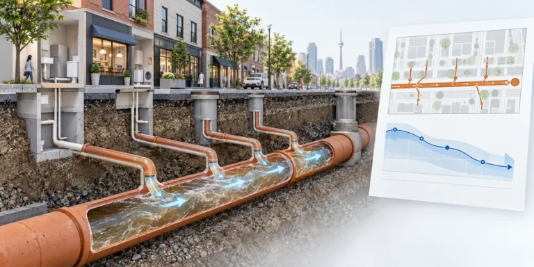 Sanitary sewer capacity assessment concept showing service connections and downstream flow
