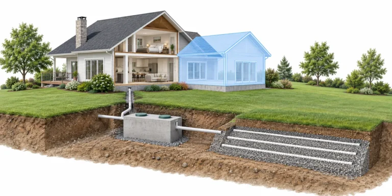 Septic assessment for home additions illustrated with an existing tank, leaching bed and proposed addition