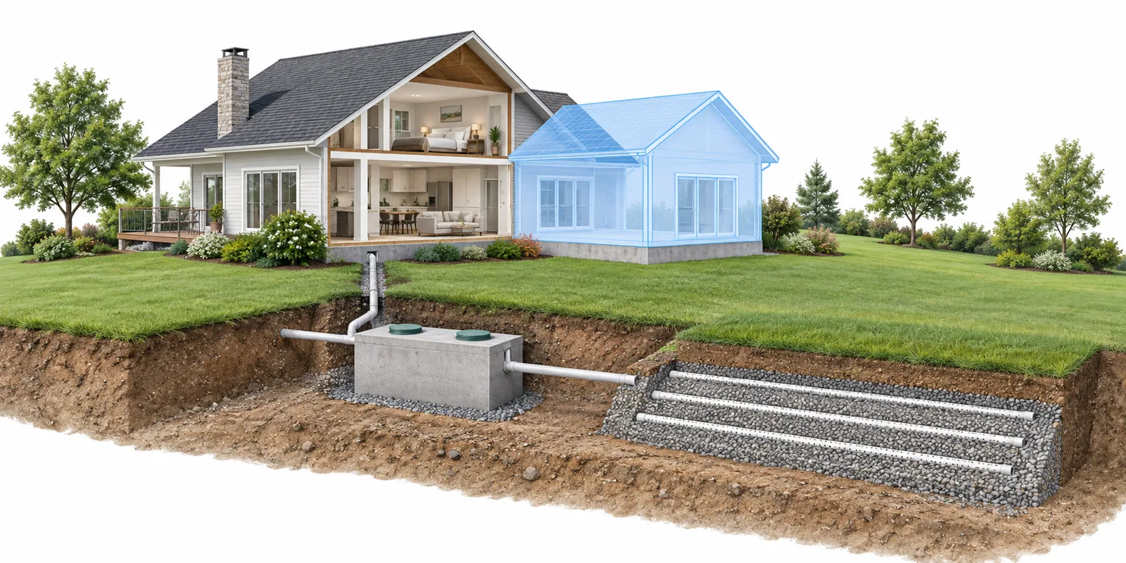 Septic assessment for home additions illustrated with an existing tank, leaching bed and proposed addition