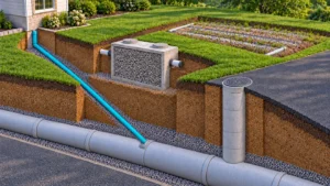 Conceptual septic decommissioning cutaway showing a straight service pipe joining the larger municipal sewer and a manhole cover at road level.