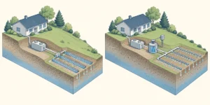Conceptual gravity and pumped septic distribution arrangements shown as separate cutaway terrain models.