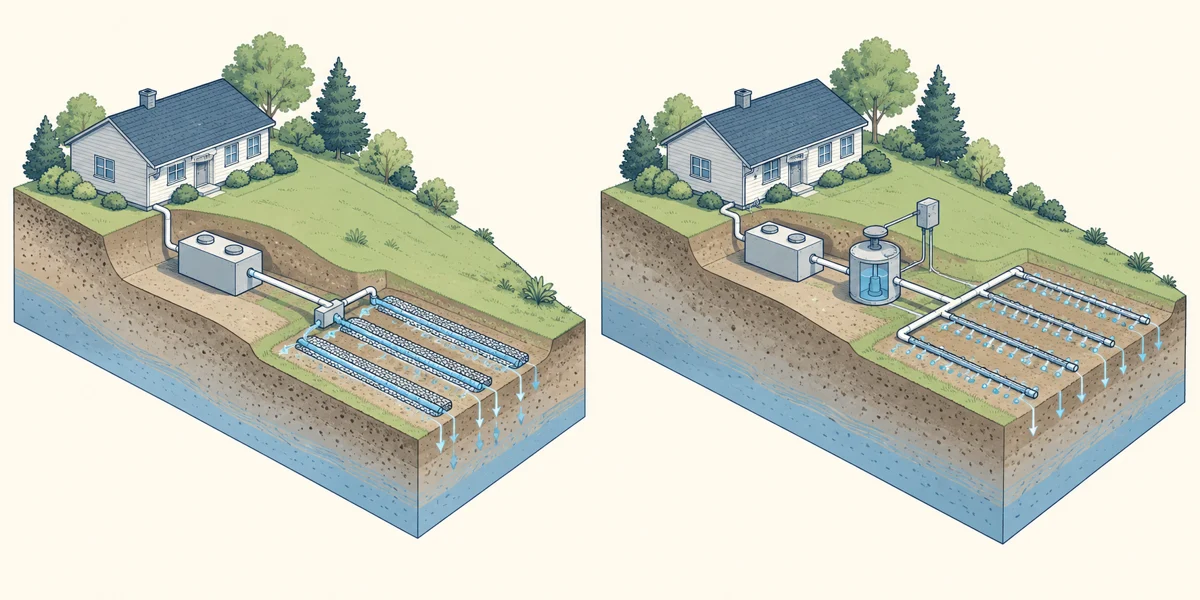 Conceptual gravity and pumped septic distribution arrangements shown as separate cutaway terrain models.
