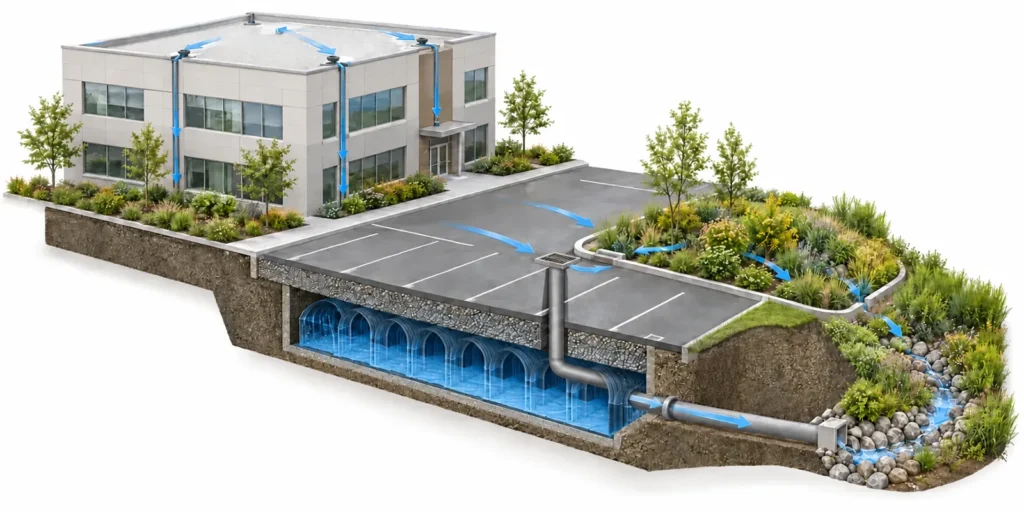 Commercial stormwater report concept showing drainage collection, planted treatment and underground storage